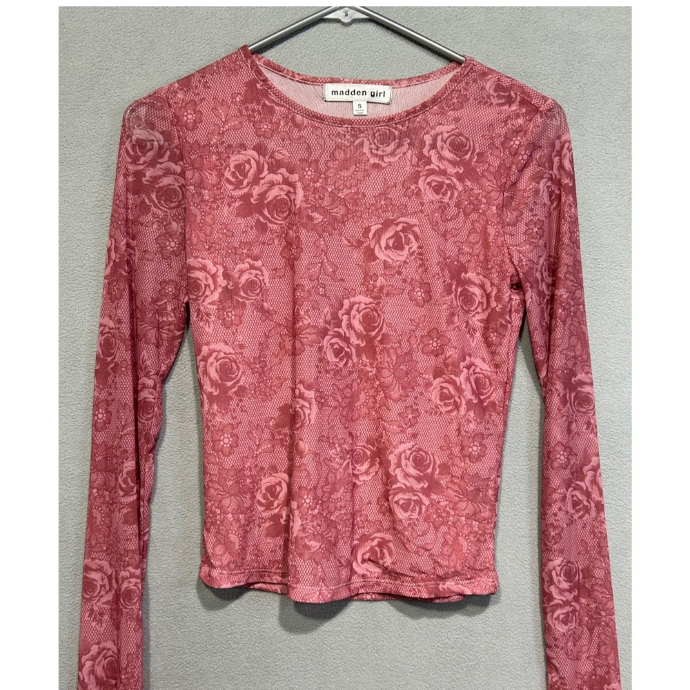 Madden Girl Womens Small‎ Top Pink Rose Floral Stretch Long Sleeve Y2K Layering